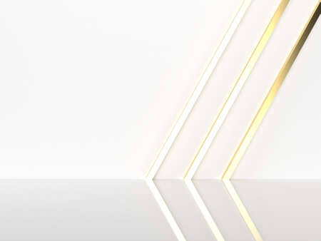 Isolated white with gold stripe pattern wall with studio for showing luxury cosmetics products concept. Blank backdrop made from matte material. illustration Realistic 3D render.の写真素材