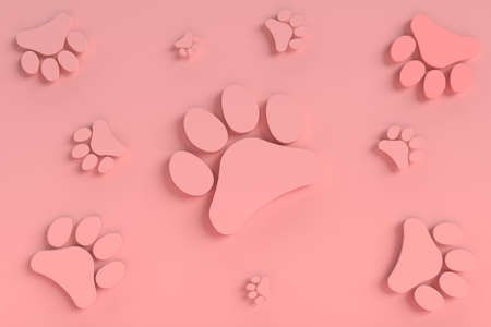 Isolated pink background and animal pattern of cat footprint. cute kitten  logo . Colors bring fortune and money for sunday. Blank backdrop made from matte material. illustration Realistic 3D render.の写真素材