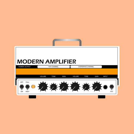 Isolated white electric guitar amplifier, cabinet equipment for musician flat logo or icon style, print for tee-shirt and graphic design, Musical instrument sales business. vector and illustration.のイラスト素材