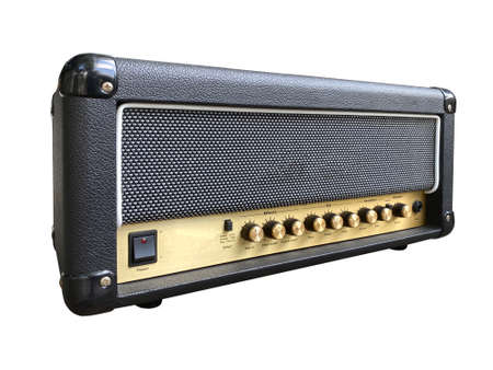 Isolated black leather and gold control panel modern electric guitar British style amplifier with a black knob on white background with clipping path. Popular amp in rock music. front view photo.の写真素材