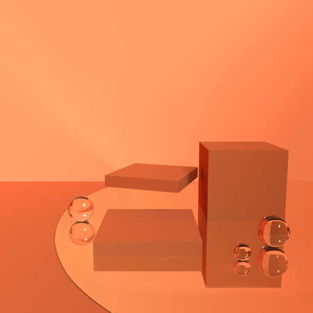 Isolated orange background and square stand display or shelf with studio for showing luxury cosmetics products concept. Blank backdrop made from matte material. illustration Realistic 3D render.の写真素材