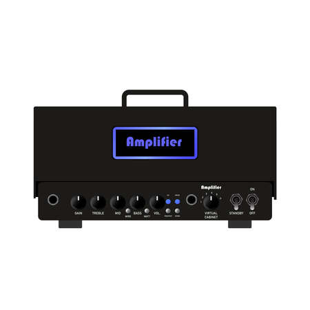 Isolated black modern electric guitar powerhead amplifier flat logo or icon style, print for tee-shirt, and graphic design for instrument sales business. vector and illustration.のイラスト素材