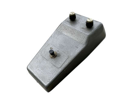 Isolated steel texture vintage fuzz stompbox electric guitar effect for studio and stage performed on white background  . side view photo. music concept.の写真素材