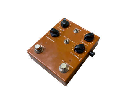 Isolated brown analog deley stompbox electric guitar effect for studio and stage performed on white background  . side view photo. music concept.の写真素材