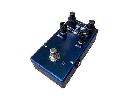 Isolated metallic blue British overdrive  stompbox electric guitar effect for studio and stage performed on white background with clipping path. side view photo. music concept.の写真素材