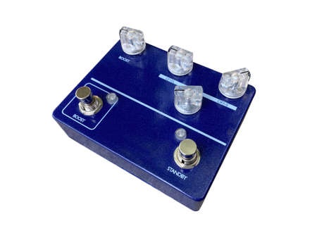 Isolated metallic blue British overdrive  stompbox electric guitar effect for studio and stage performed on white background with clipping path. side view photo. music concept.の写真素材