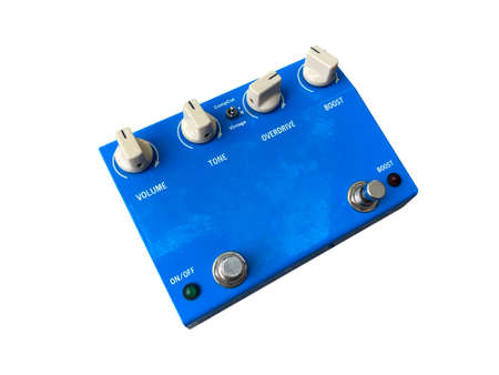Isolated Blue dual-channel overdrive stompbox electric guitar effect for studio and stage performed on white background . side view photo. music concept.の写真素材