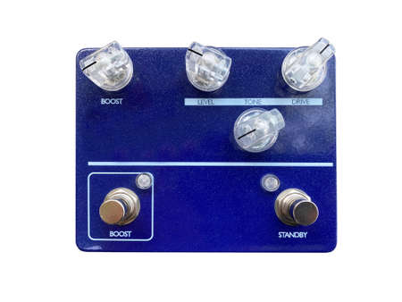 Isolated Blue dual-channel overdrive stompbox electric guitar effect for studio and stage performed on white background . side view photo. music concept.の写真素材