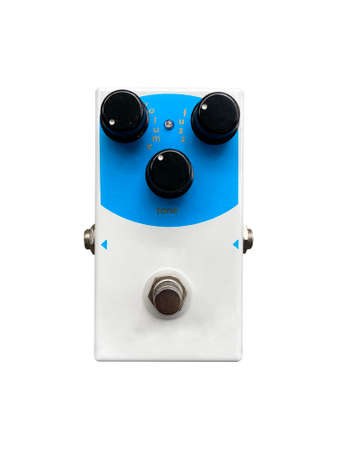 Isolated white and indigo blue overdrive stompbox electric guitar effect for studio and stage performed on white background . music concept.の写真素材