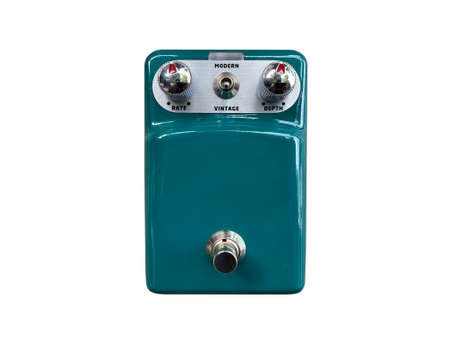 Isolated dark green vintage and modern overdrive stompbox electric guitar effect for studio and...