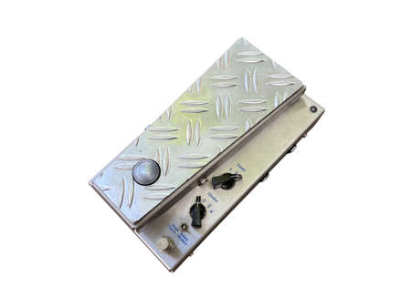 Isolated steel plate wah-wah stompbox electric guitar effect for studio and stage performed on white...