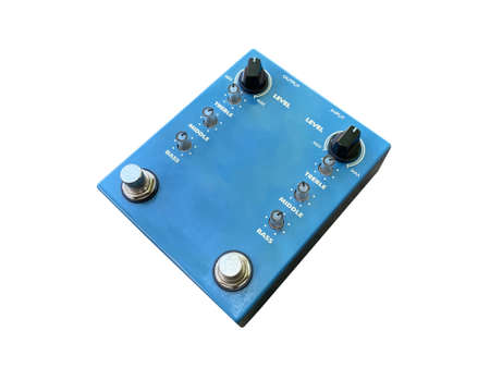 Isolated blue twin booster dual-channel stompbox electric guitar effect for studio and stage performed on white backgroundの写真素材