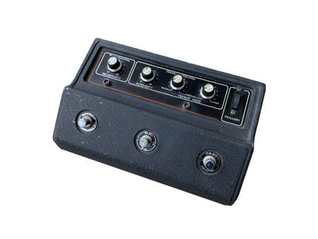 Isolated Black phaser stompbox electric guitar effect for studio and stage performed on white background  . side view photo. music concept.の写真素材