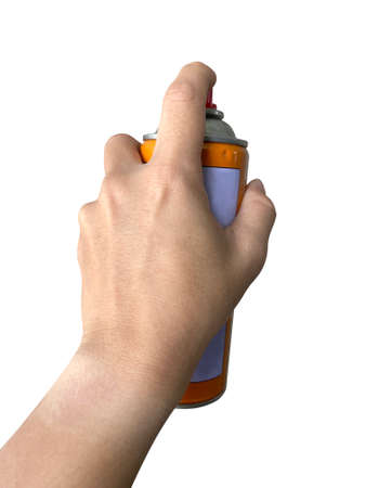 Man hand holding an orange spay can Is acting like spray paint, oil, graffiti on the wall, can be...