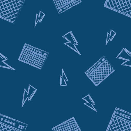 seamless dark blue amplifier and lightning pattern backdrop for rock music concept. hand-drawn icons flat design use for website, decorative wallpaper, good for printing vector illustration.の写真素材