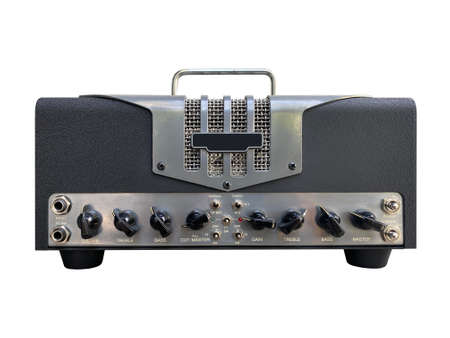 Isolated black metal modern electric guitar USA style boutique amplifier on white background ....