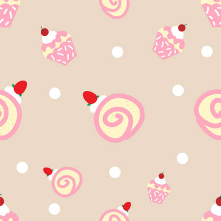 shameless brown-yellow cake with red cherry and jam roll with cream and strawberry cartoon style icon pattern on background vector use for wall decoration and website. bakery shop and gaming,website background.のイラスト素材