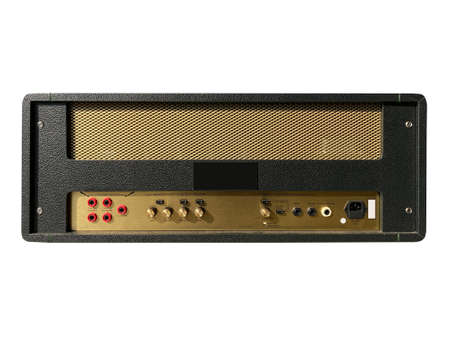 isolated back view of vintage black leather modern electric guitar amplifier sound like UK rock style with gold plate and input jack Popular among musicians or rock icon with clipping path.の写真素材