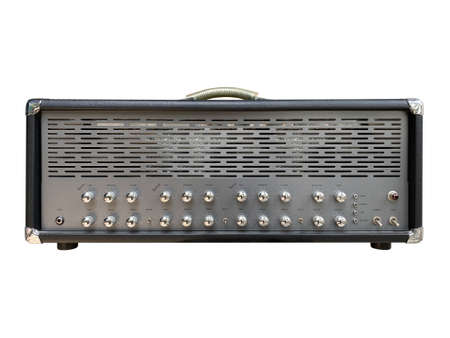 Isolated black leather and black knob on the control panel of US Style modern electric guitar power amplifier for heavy metal and rock genre on white backgroundの写真素材