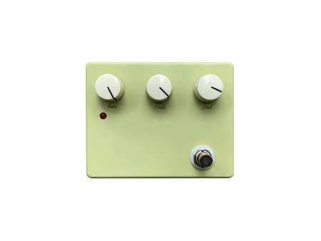Isolated Vintage cream overdrive and white knob stompbox electric guitar effect for studio and stage on white background . music concept. can use for flat lay graphic or promotion.の写真素材