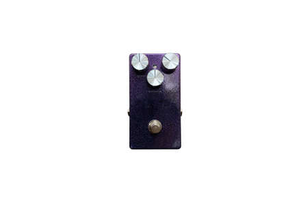 Isolated purple metallic overdrive and silver knob stompbox electric guitar effect on white background . music concept. can use for flat lay graphic or promotion.の写真素材