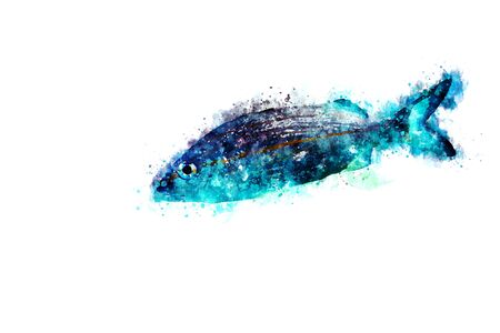 Watercolor painting of a blue fish on white canvas background. Splatters, brush strokes and vivid colors make this one of a kind painting.の写真素材