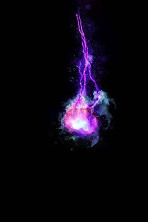 Watercolor artistic painting of a vibrant purple Jellyfish swimming. Black Canvas background.の写真素材
