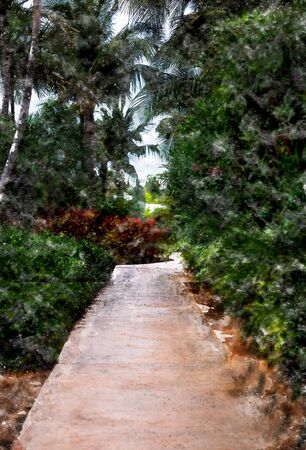 Watercolor painting of a tropical paradise path surrounded by greenery and palm trees.の写真素材