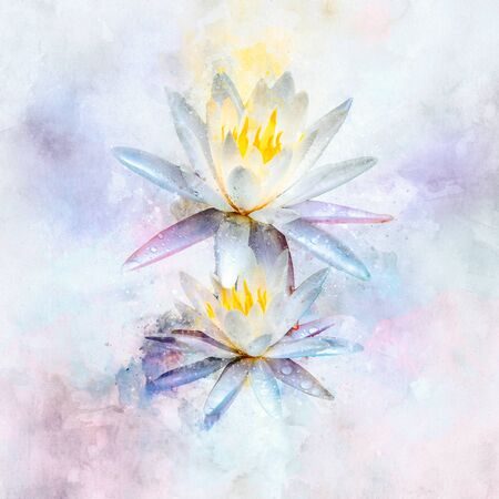 Watercolor painting of a vibrant pink and purple water lilies with yellow centers.の写真素材