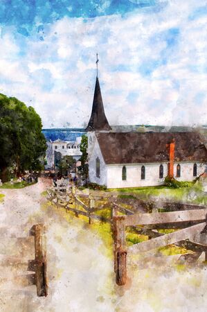 Beautiful watercolor painting of a black and white church. Watercolor painting.の写真素材