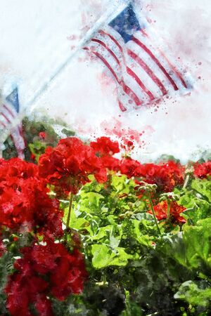 Watercolor painting of red Geranium flowers with an American Flag waiving in the background.の写真素材