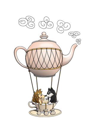Hedgehog and raccoon having a wonderful trip on a teapot balloonのイラスト素材