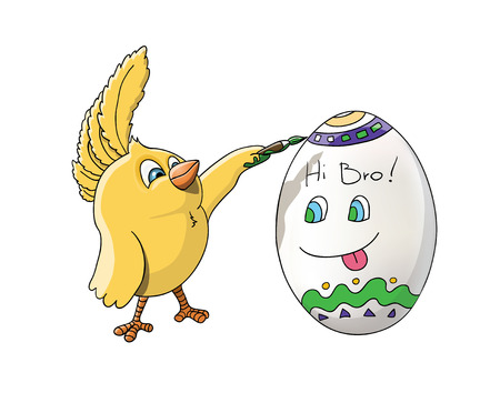 Cute yellow brother chick drawing on his brother egg a colorful patternsのイラスト素材