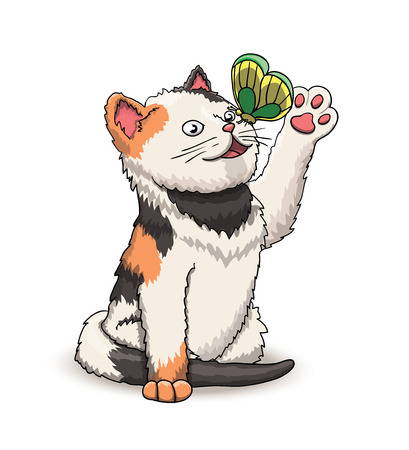 Beautiful cute kitten cartoon character with butterflyのイラスト素材