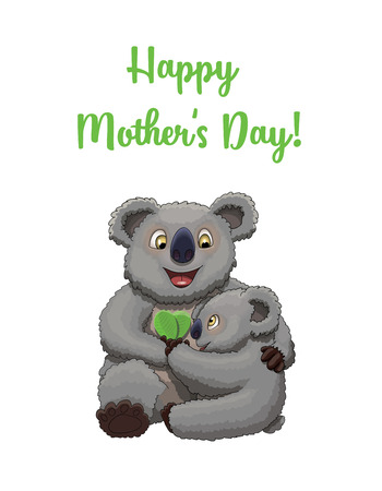 Happy Mother's Day! Cute little koala congratulates his mother with a couple of leaves in a shape of heartのイラスト素材