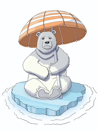 Cute white bear sitting on the melting ice holding a umbrella, trying to save the ice from warmingのイラスト素材