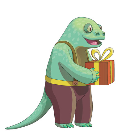 Cartoon lizard character with a present, vector drawingのイラスト素材