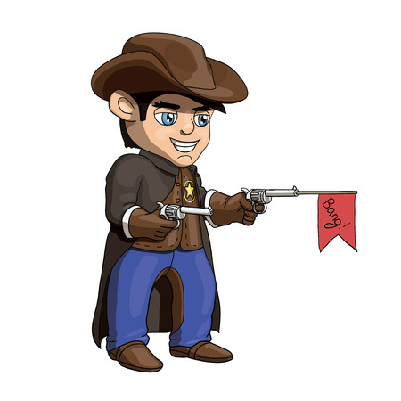 An illustration of a young american cowboy sheriff standing and holding gunsのイラスト素材
