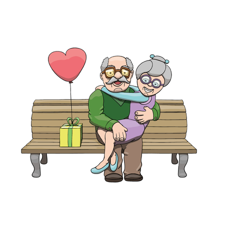 Happy elderly couple in love celebrating National Grandparents Day. Cartoon vector illustrationのイラスト素材