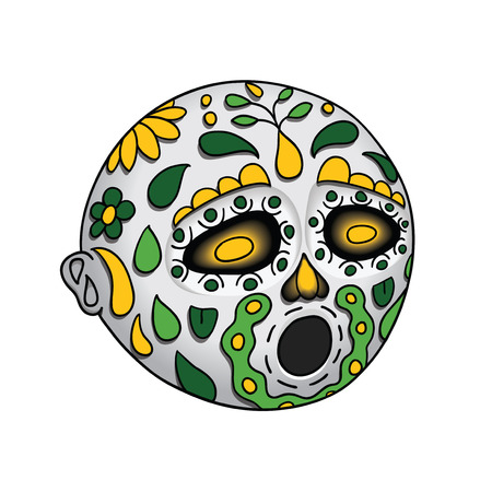 Halloween.Emoji Hushed. Day of the Dead. Dia de Los Muertos. Vector Illustration With Festive Skull, Flowers Decorationのイラスト素材