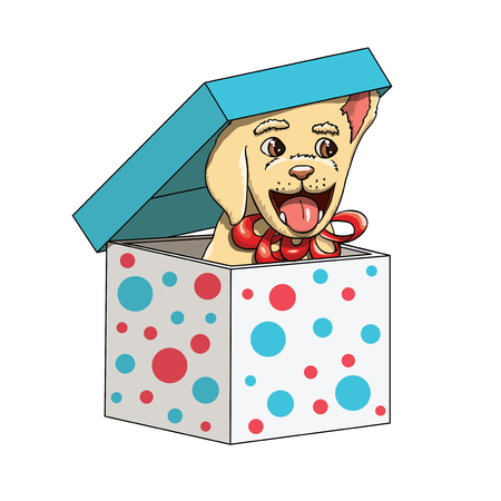 Happy New Year Labrador Retriever Puppy Present With Bow-Knot. Graphic Vector Illustrationのイラスト素材