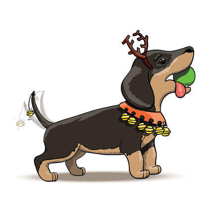 New Year Cartoon Dachshund Puppy Santa Deer. Cartoon Graphic Vector Illustration EPS 10のイラスト素材