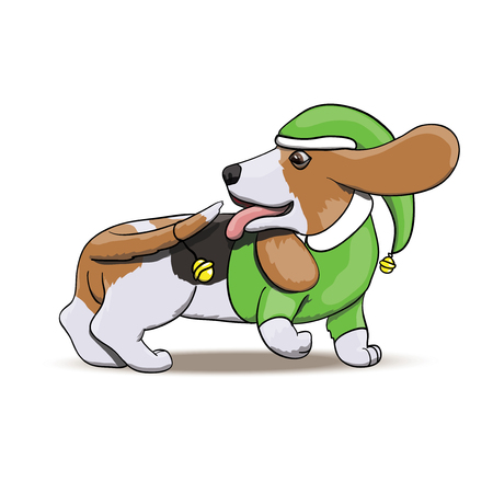 Basset Hound Santa's Elf Chasing His Tail With New Year Bell. Cartoon Dog Vector Character Illustrationのイラスト素材