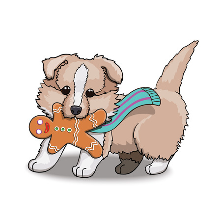 Collie Puppy in Scarf With Gingerbread Man. Cartoon Character Vector Illustration.のイラスト素材