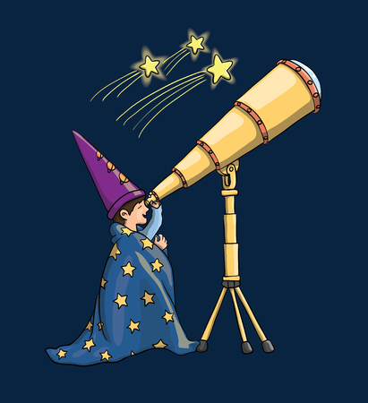 Young Boy Watching Through Telescope, Gazing at Falling Stars, in Astrologist Hat, Covered With a Blanketのイラスト素材