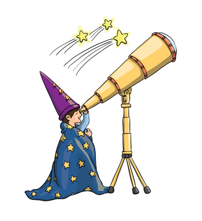 Young boy gazing at falling stars through telescope, in astrologist hat, covered with a blanket.のイラスト素材