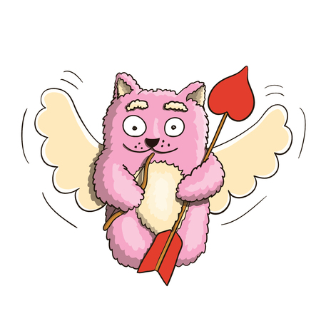 Valentines Day, Valentines Cupid Pink Cat, Flying on the Wings of Love, With Little Bow and Big Arrow Ready for Lover's Heart on White Backgroundのイラスト素材