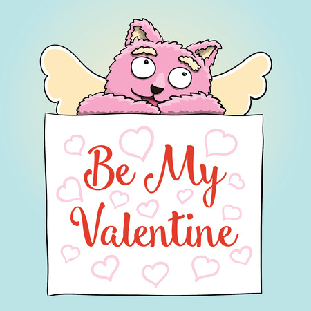 Valentines Day. Cute Cupid Pink Cat with Be My Valentine Poster Vectorのイラスト素材