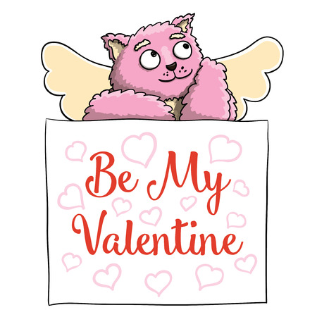 Valentines Day. Funny Smiling Cupid Pink Cat with Be My Valentine Poster on White Background. Vector EPS10のイラスト素材