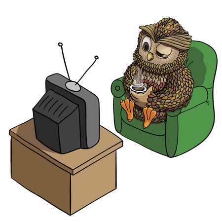 Sleepy Owl with Cup of Coffee, Watching TV in the Morning, Funny Character Isolated on White, Inspirational Morning Vector Illustration for Cards, Prints, Mugs, Banners. のイラスト素材